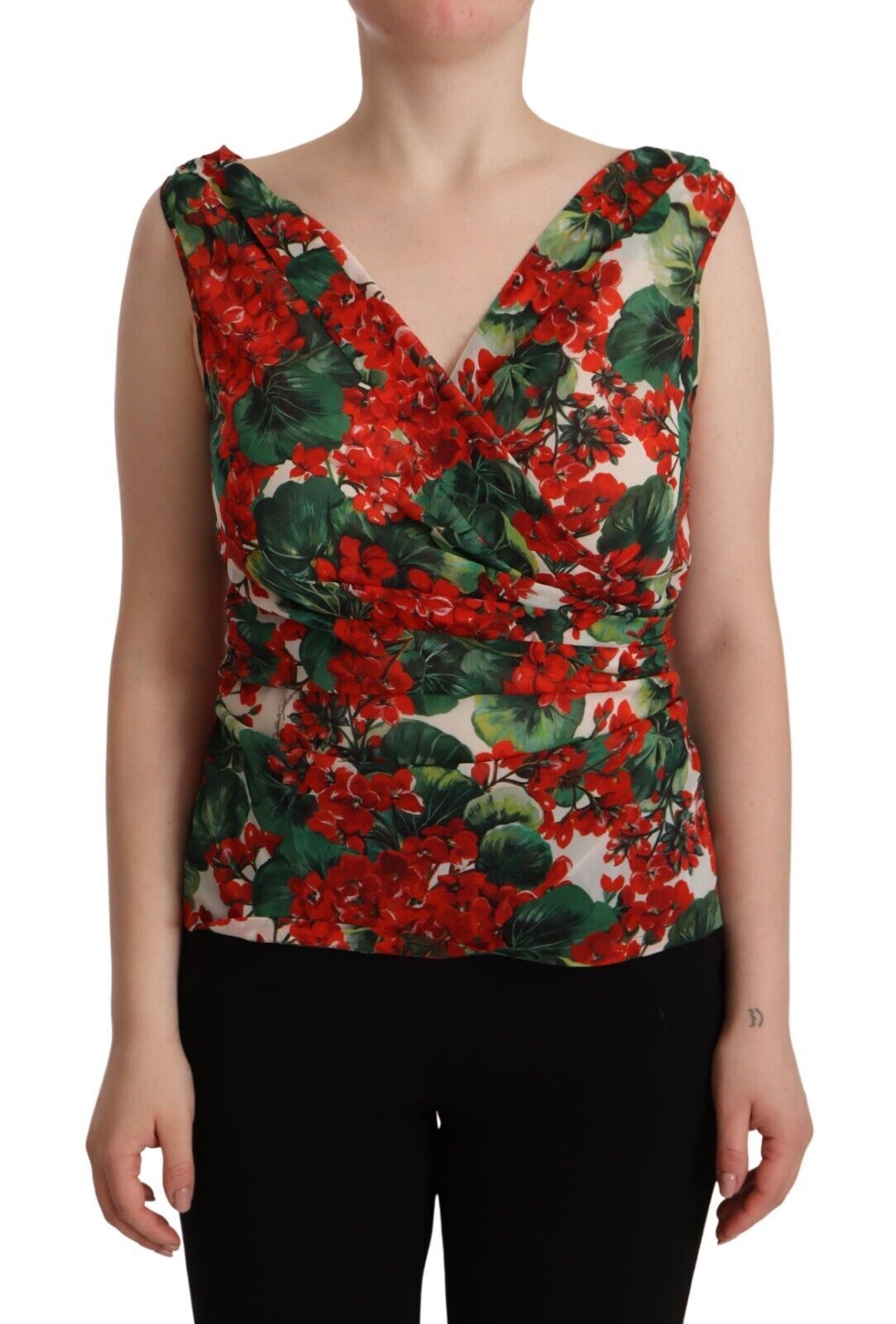 Dolce & Gabbana Elegant V-Neck Geranium Print Silk Tank Top