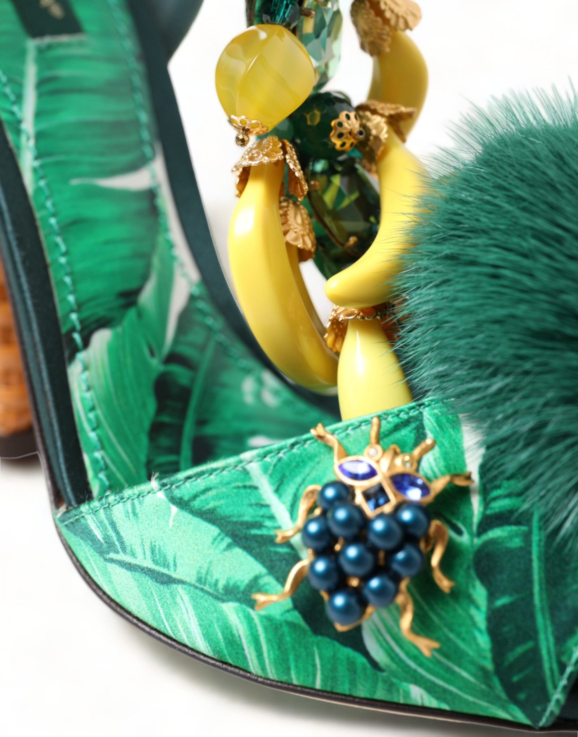 Dolce & Gabbana Green Crystal Mink Fur T-Strap Sandals