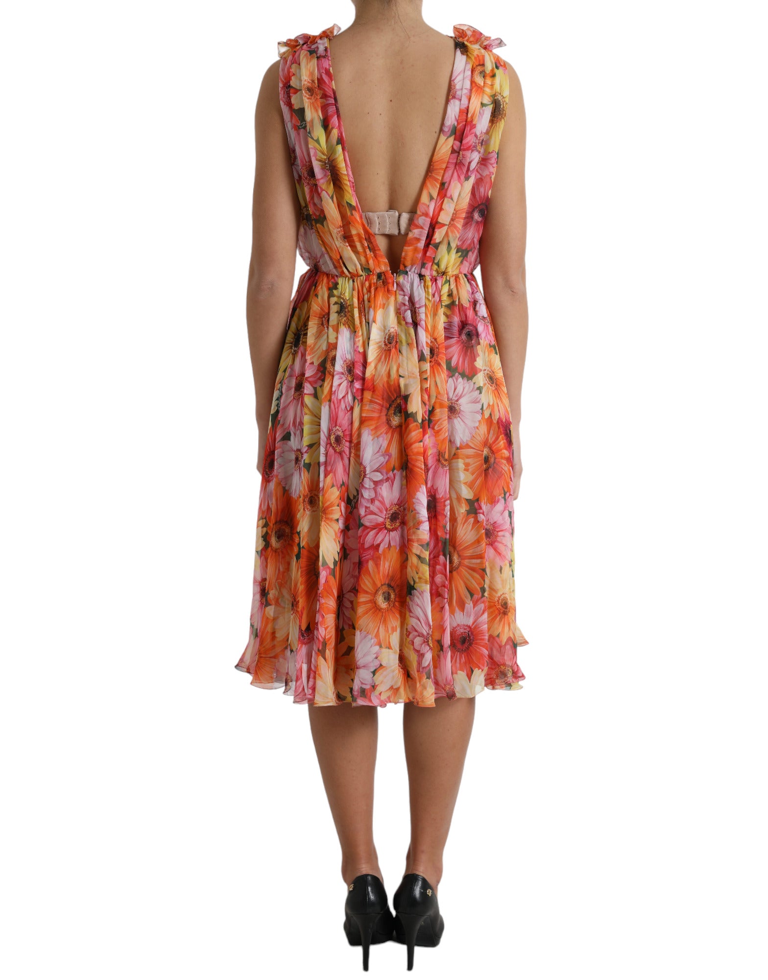 Dolce & Gabbana Elegant Floral Silk Midi Dress with V-Neck