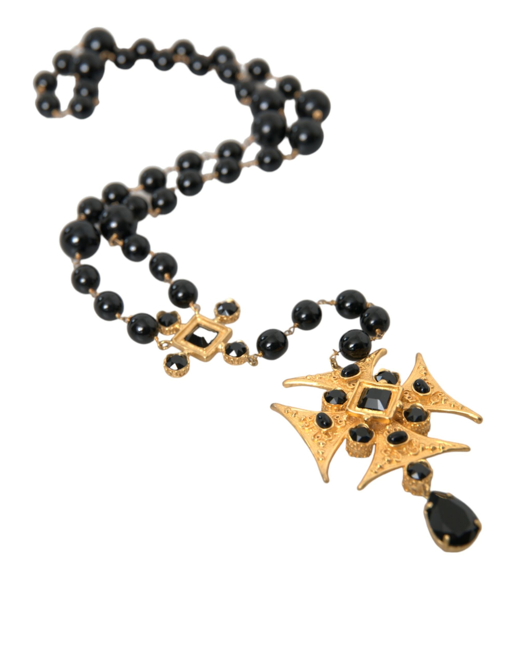 Dolce & Gabbana Gold Tone Brass Cross Black Beaded Chain Rosary Necklace