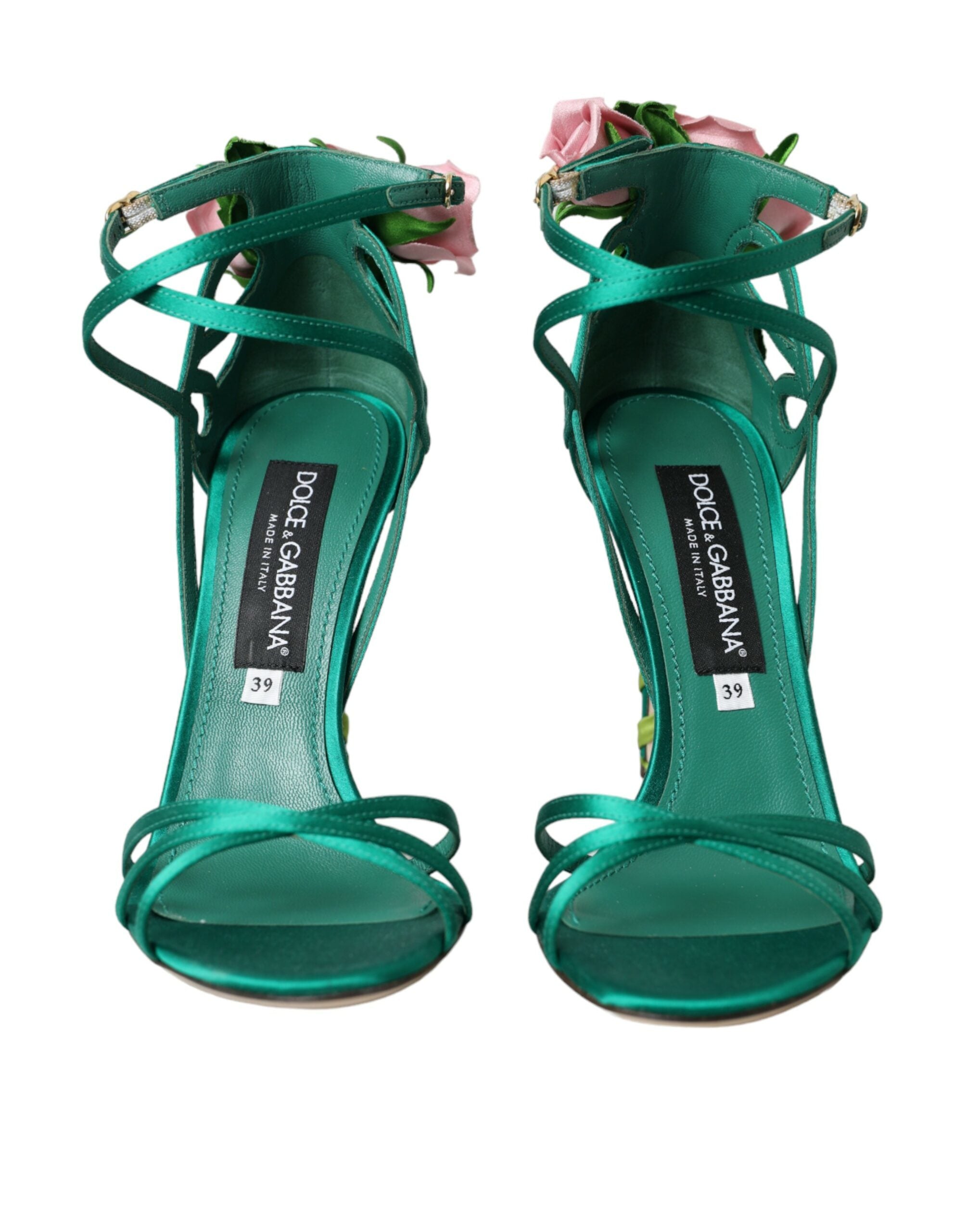 Dolce & Gabbana Green Flower Satin Heels Sandals Shoes