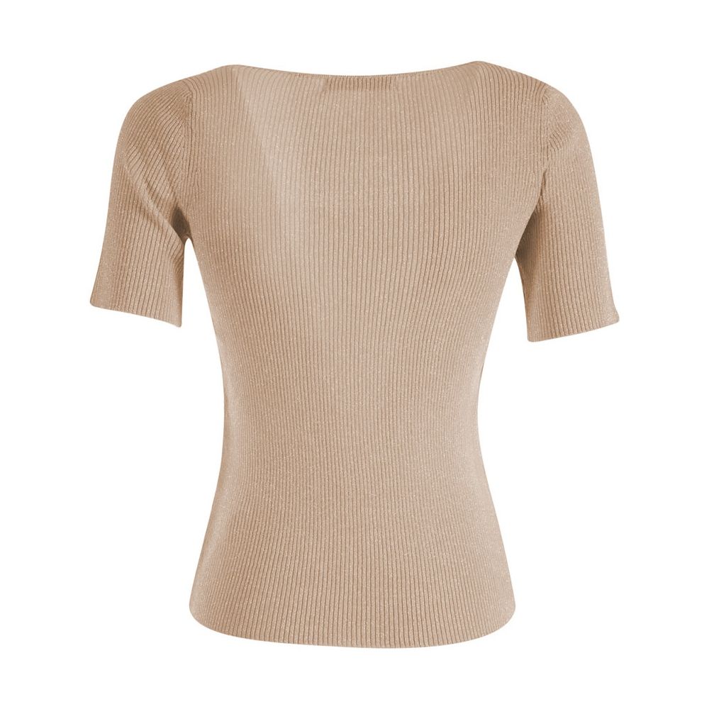 Yes Zee Chic Beige Rib-knit Short Sleeve Top