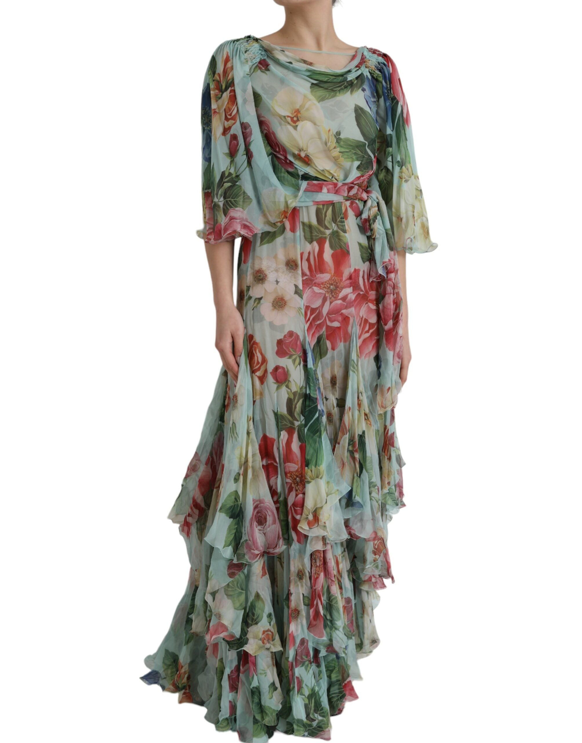 Dolce & Gabbana Blue Floral Print Tiered Long Maxi Dress