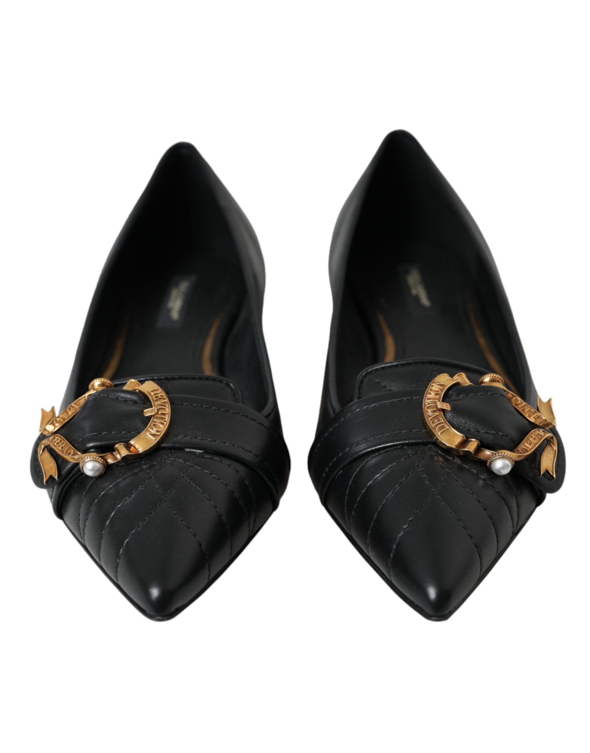 Dolce & Gabbana Black Devotion Leather Pointy Flats Shoes