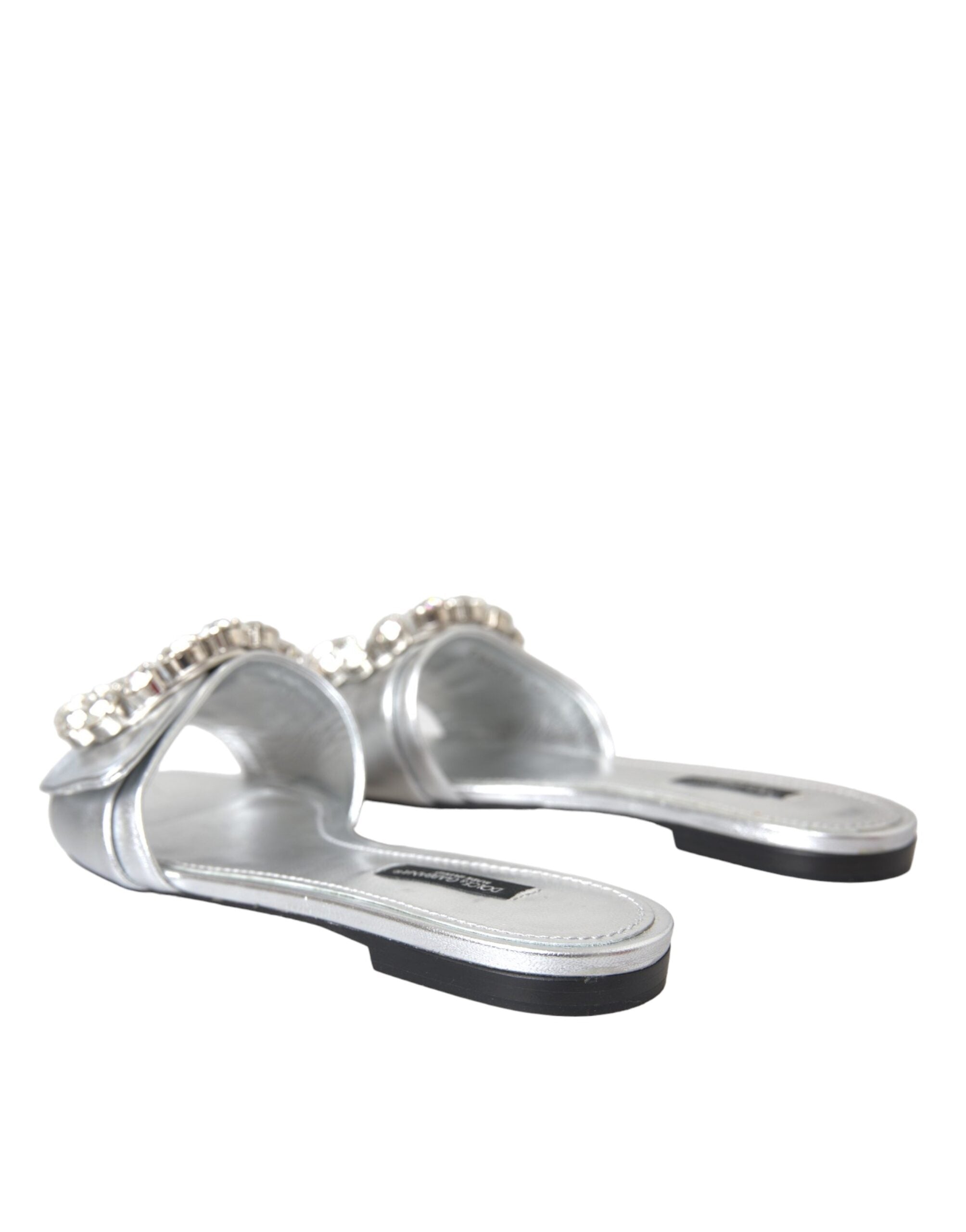 Dolce & Gabbana Silver Crystal Leather Flats Sandals Shoes