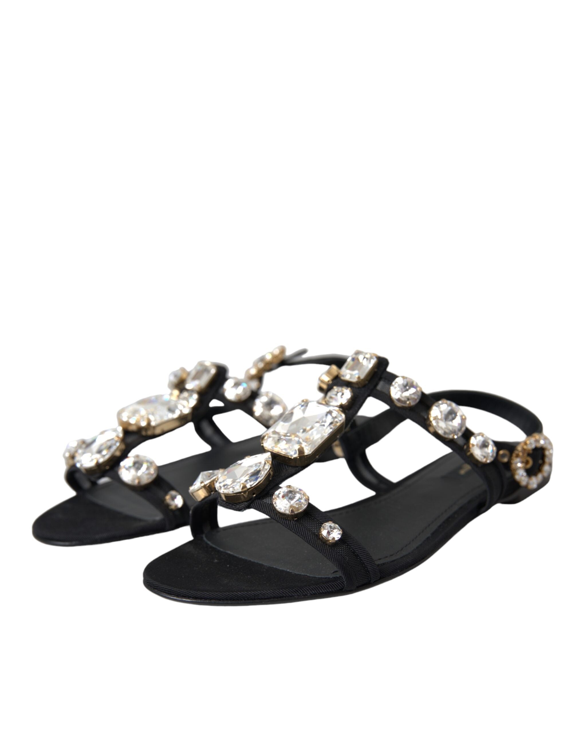 Dolce & Gabbana Black Leather Crystal Flats Sandals Shoes