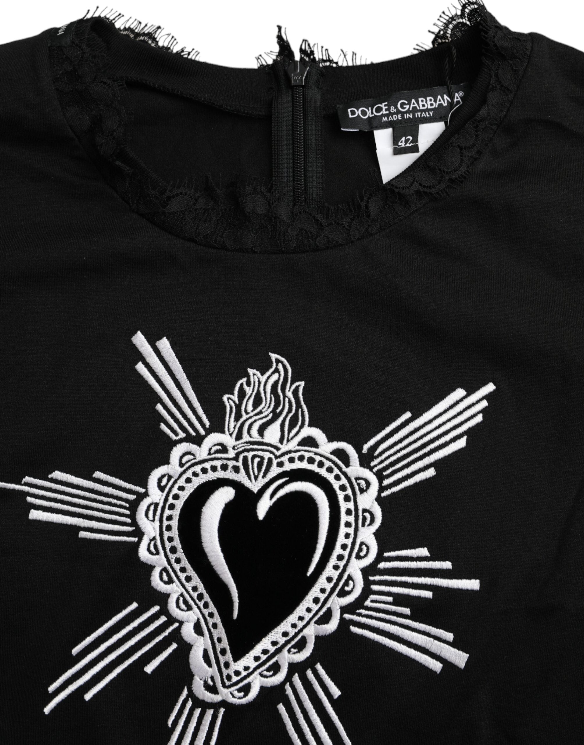 Dolce & Gabbana Black Sacred Heart Print Cotton Lace T-shirt