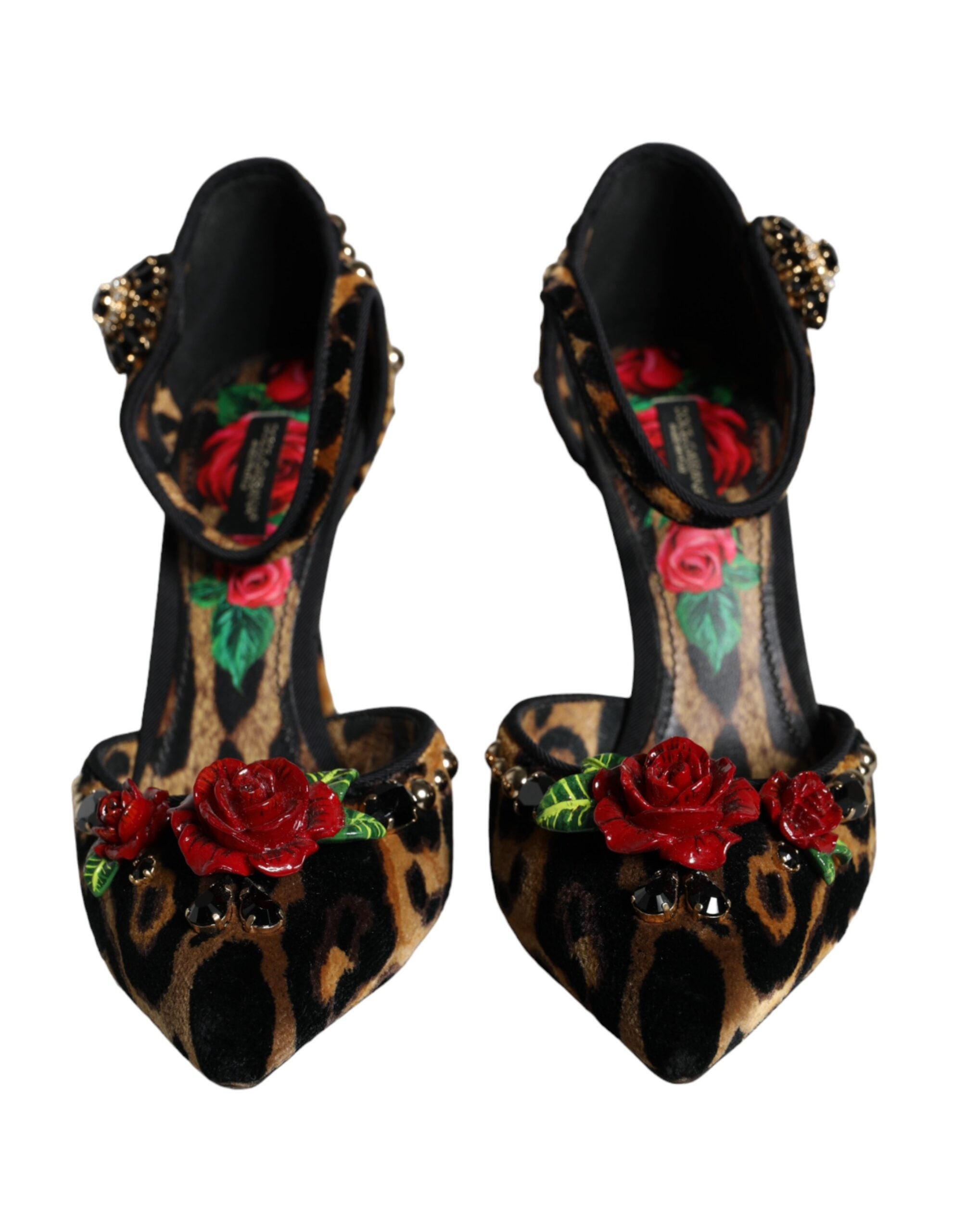 Dolce & Gabbana Brown Leopard Floral Crystal Ankle Strap Pumps Shoes