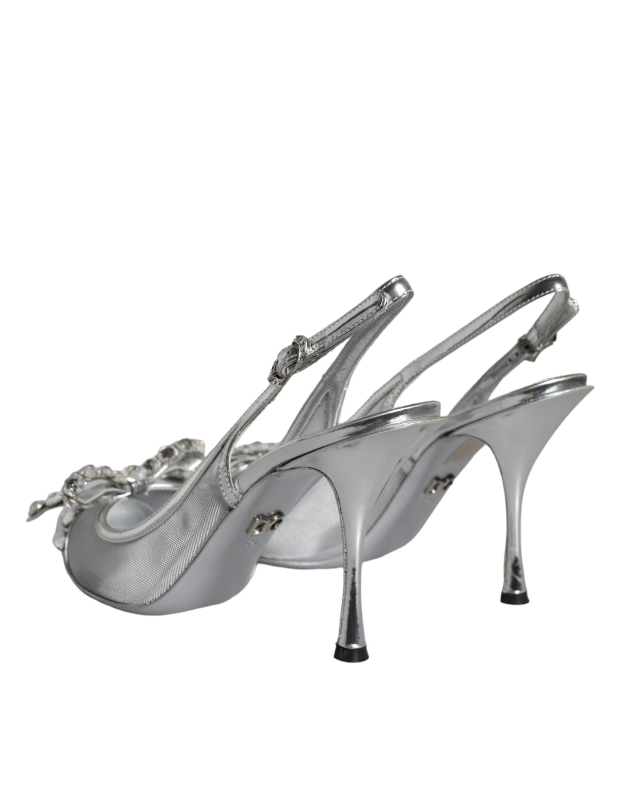 Dolce & Gabbana Silver Mesh Crystal Embellished Slingback Shoes