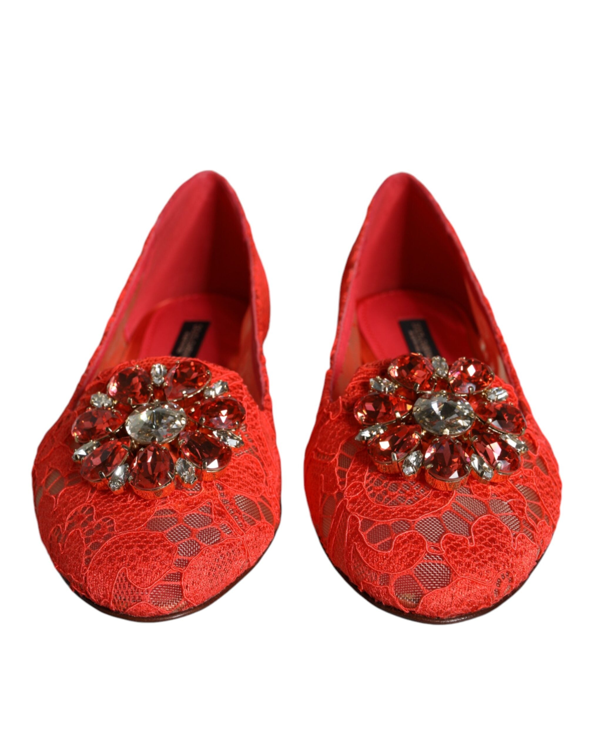 Dolce & Gabbana Coral Lace Crystal Ballet Flats Loafers Shoes