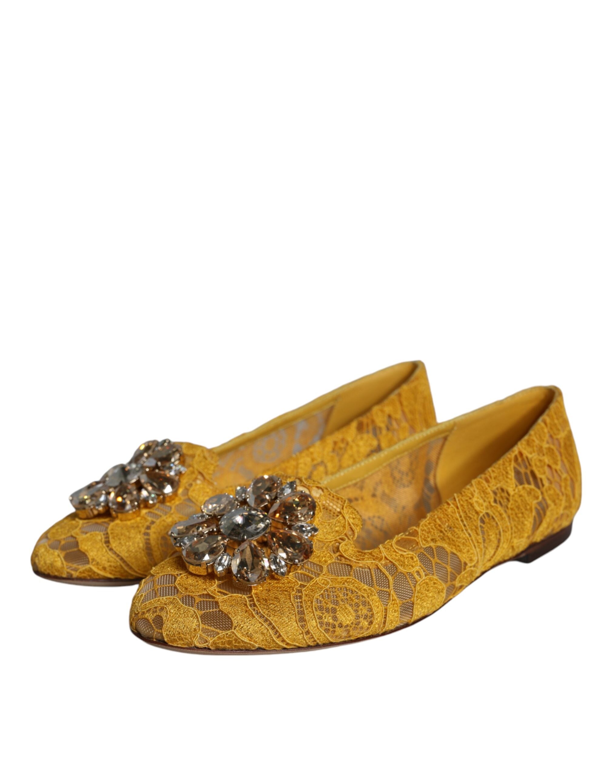 Dolce & Gabbana Mustard Lace Crystal Ballet Flats Loafer Shoes