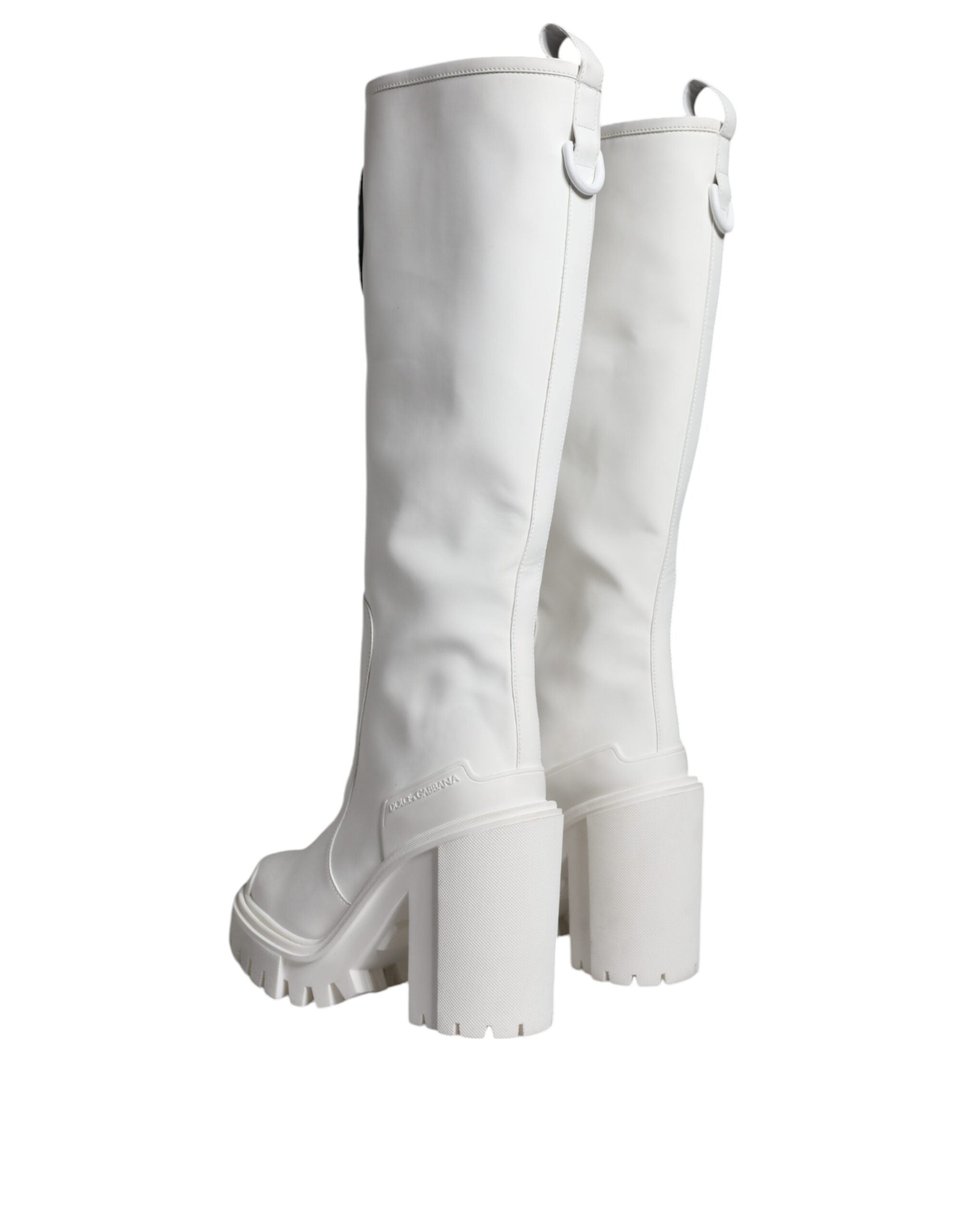 Dolce & Gabbana White Cotton Logo Heels Knee High Boots Shoes