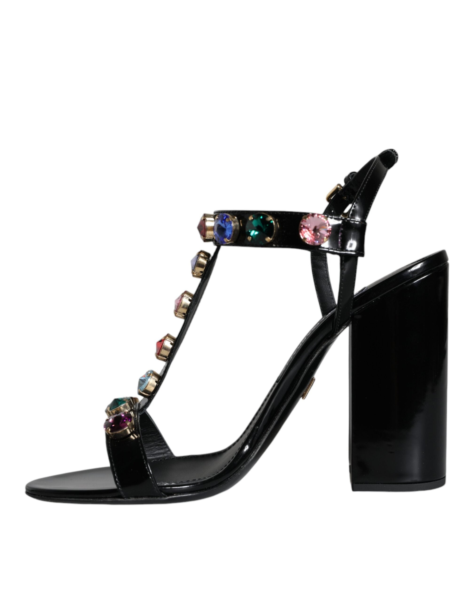 Dolce & Gabbana Black Crystal Leather T-strap Sandals Shoes