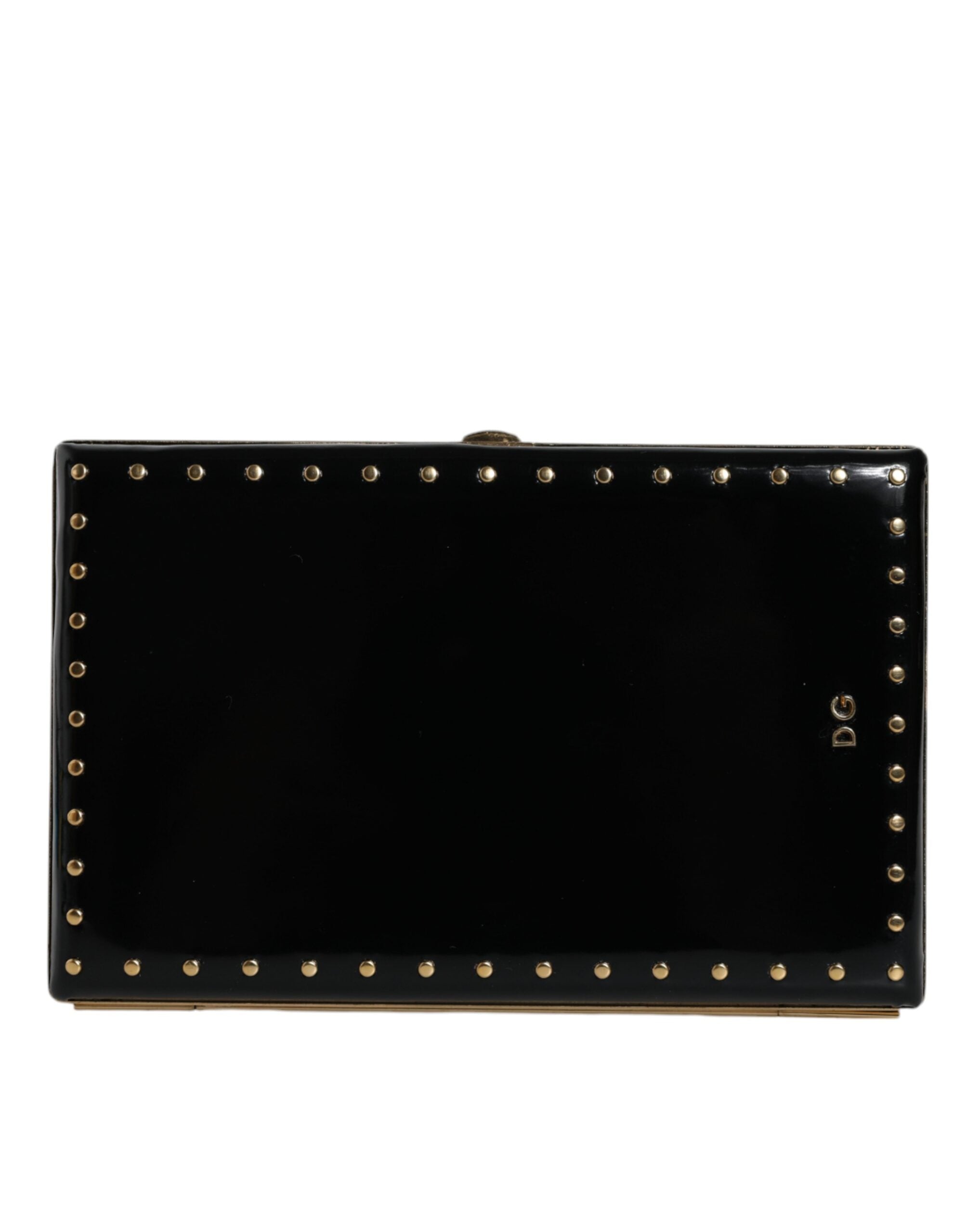 Dolce & Gabbana Black Leather Studs Gold Frame Clutch Evening Purse Bag