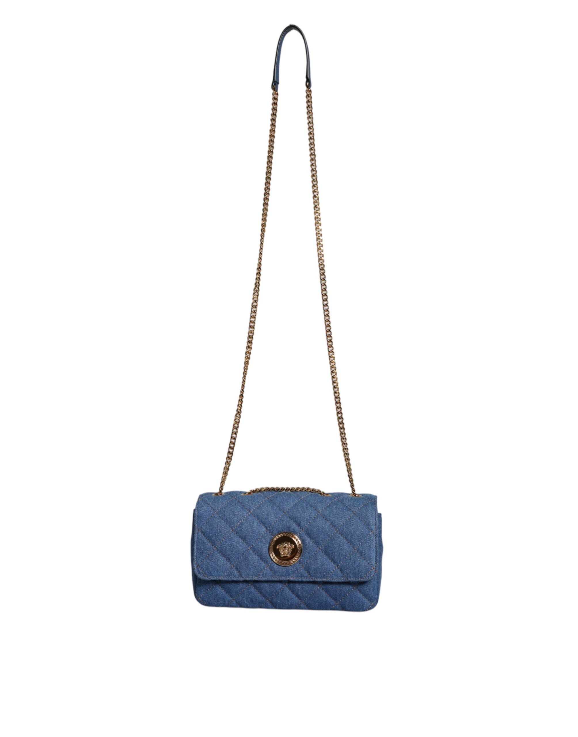 Versace Blue Quilted Denim Leather Crossbody Shoulder Bag