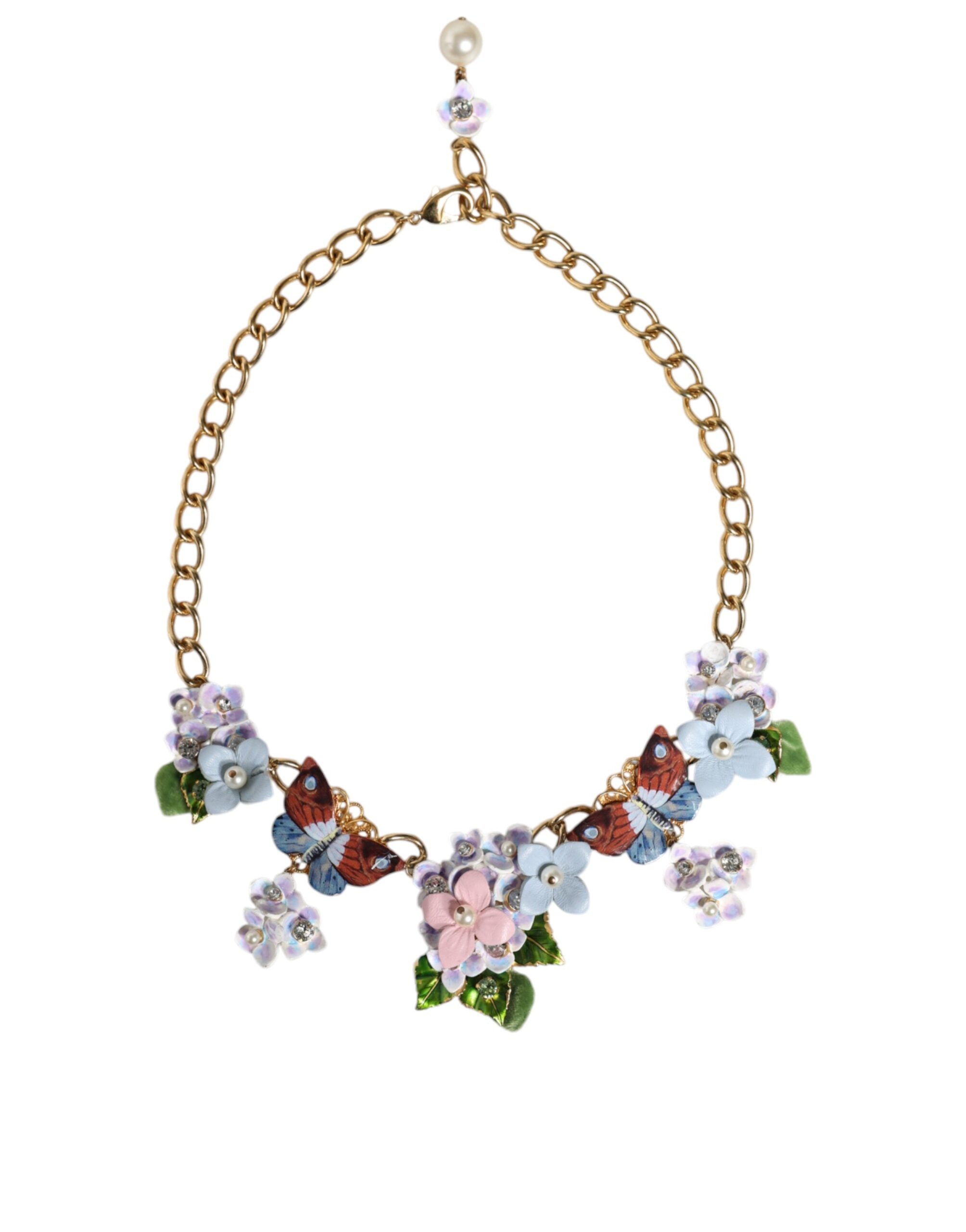 Dolce & Gabbana Multicolor Floral Decor Crystal Gold Brass Chain Necklace