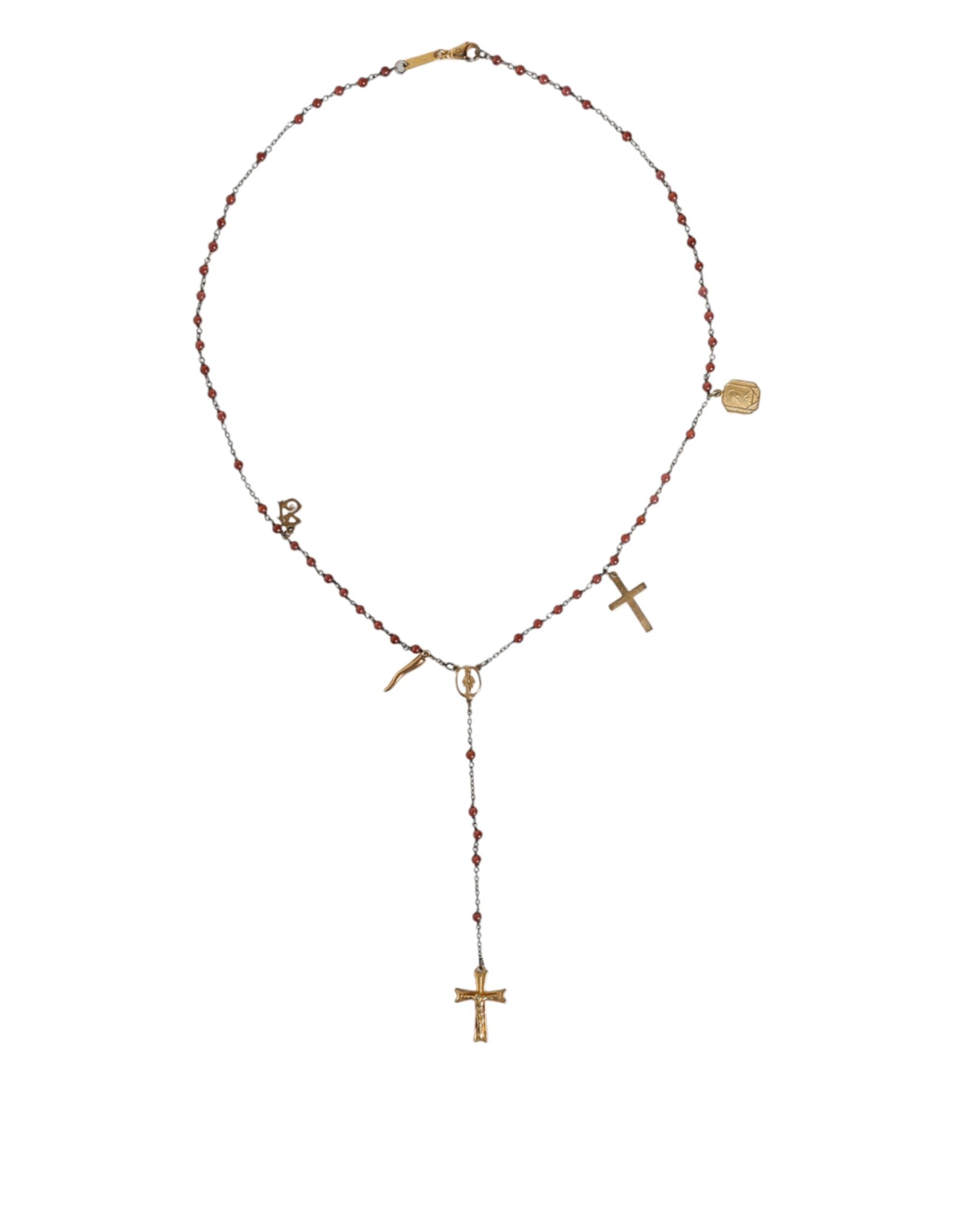 Dolce & Gabbana Gold Chain Brass Beaded Rosary Cross Pendant Necklace