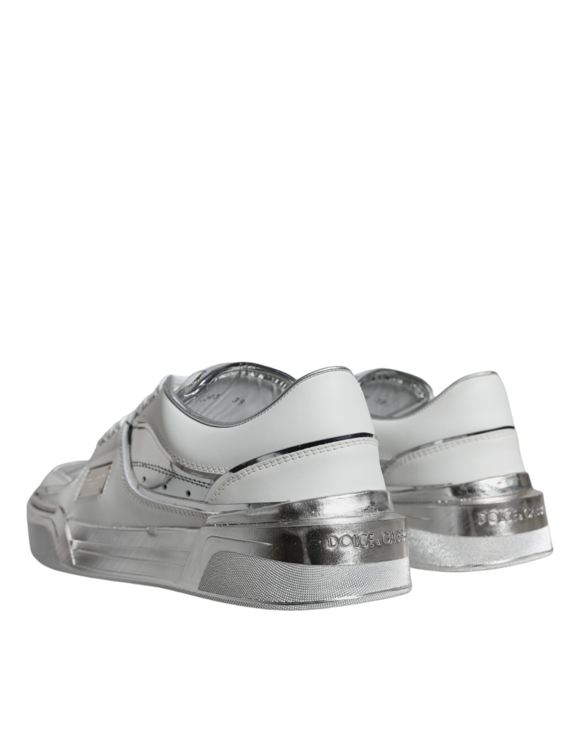 Dolce & Gabbana White Silver Leather Low Top Sneakers Shoes