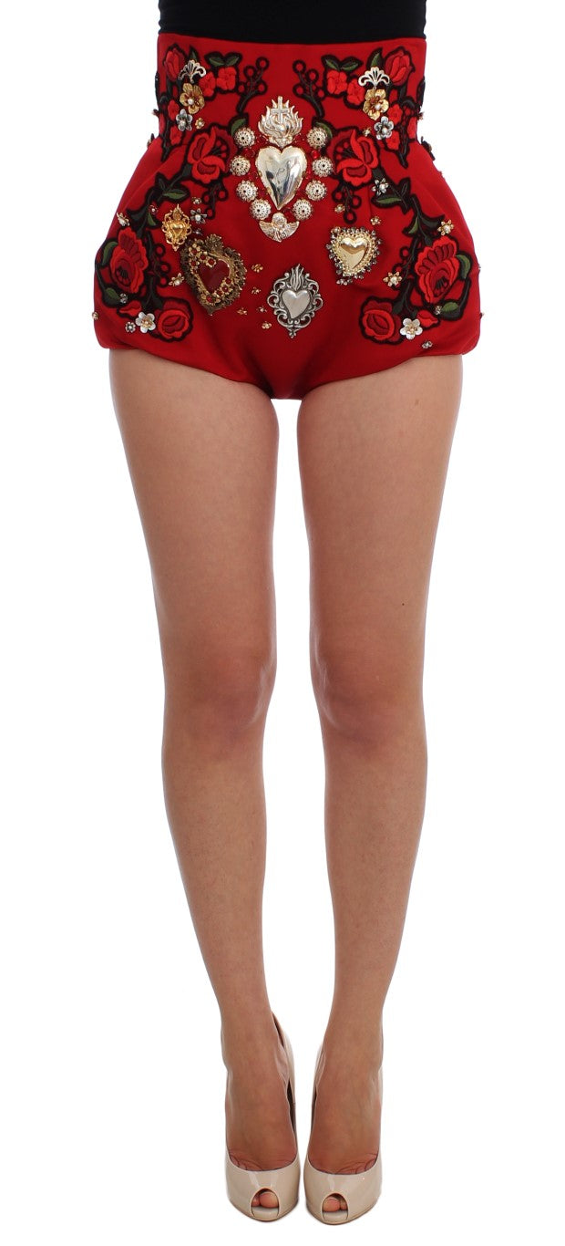 Dolce & Gabbana Red Silk Crystal-Embellished Mini Shorts